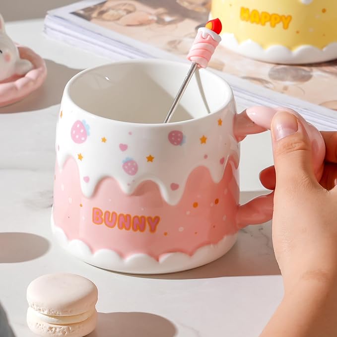 Adorable Cake Ceramic Coffee Mug - Elegant Birthday Gift for Women and Girl, Cute Rabbit Cup with Sweet Design, Perfect Present for Her Daily Tea & Coffee(Model A)