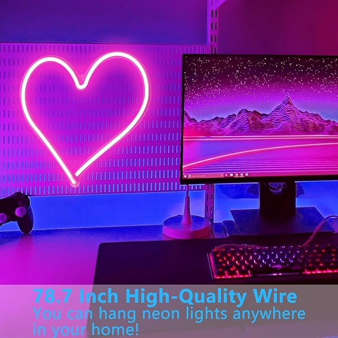Pink Heart Neon Light, LED Heart Sign 13.413 Inch Dimmable USB Powered Romantic Bedroom Valentine's Kids Room Wedding Party Decor