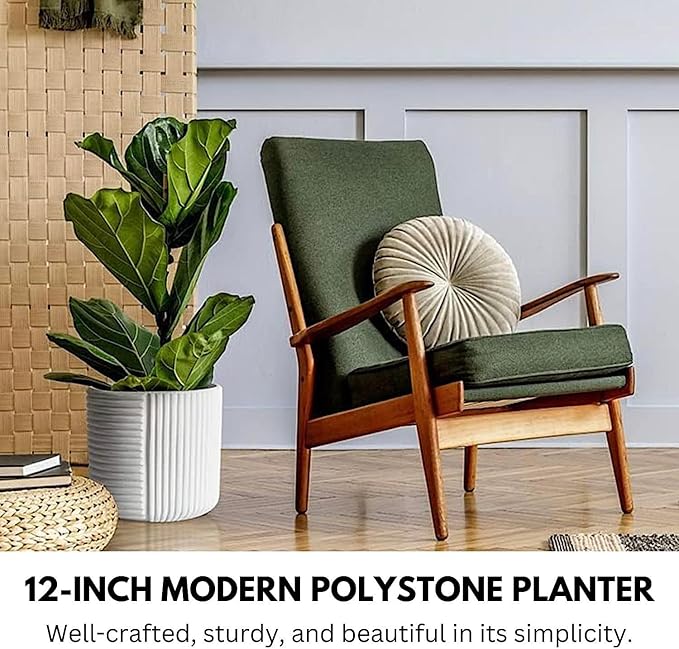Fox & Fern Large 12 Inch Planter with Drainage Plug — Premium Polystone White Plant Pot; Modern Planter with 3D Texture and Ceramic Finish; 12 Inch Pots for Plants Indoor & Outdoor
