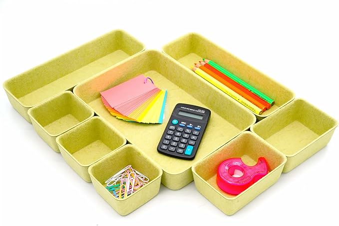 Welaxy Drawer organizers trays Felt storage bins office Desk Minimalist Lifestyle Natural Shallow Box 8-Piece back to school off to college gift solution (Linden green)
