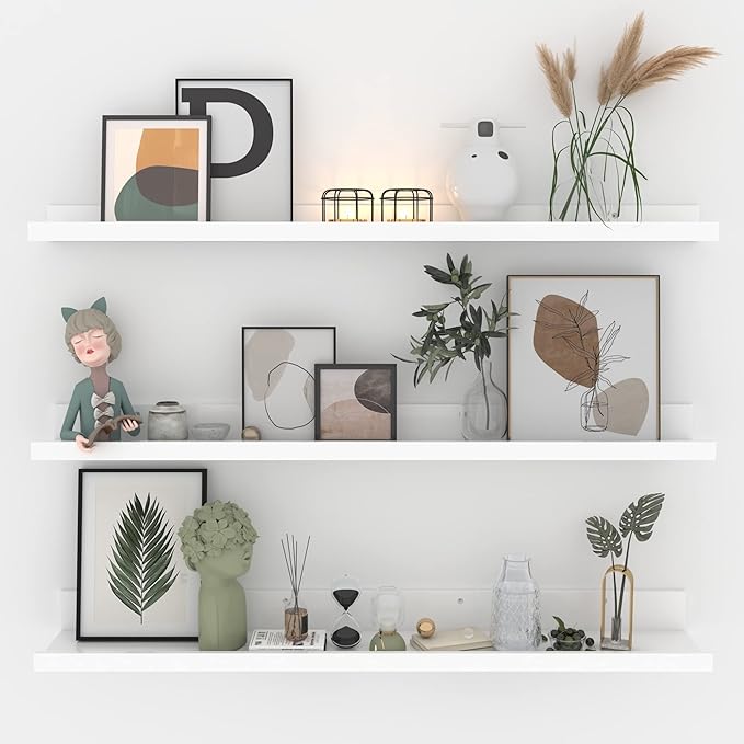 Giftgarden 36 Inch White Floating Shelves for Wall Mount, Modern Wood Wall Shelf Ledge for Bathroom Bedroom Living Room Kitchen Nursery Storage, Set of 3 Different Sizes