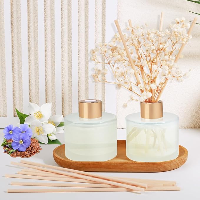 Scent Diffuser Set, 5.28oz (150ml) White Jasmine & 5.28oz (150ml) Linen Scent Diffuser with 16 Sticks Long Lasting Fragrance for Home, Bathroom, Room Decor