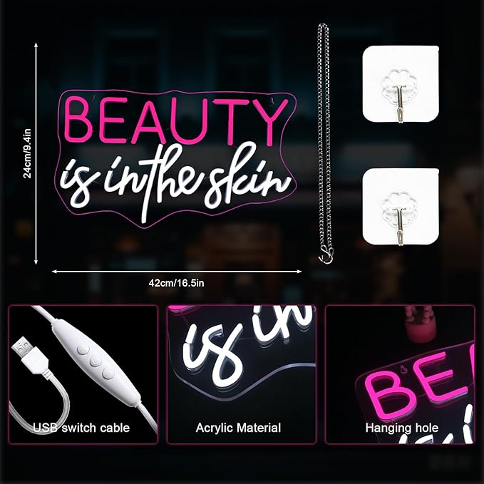 Lucunstar Beauty Is In The Skin Neon Sign,LED Neon pink cool white letters for facial spa wall neon for girl's room wall decoration beauty salon sign skincare salon beauty shop decoration