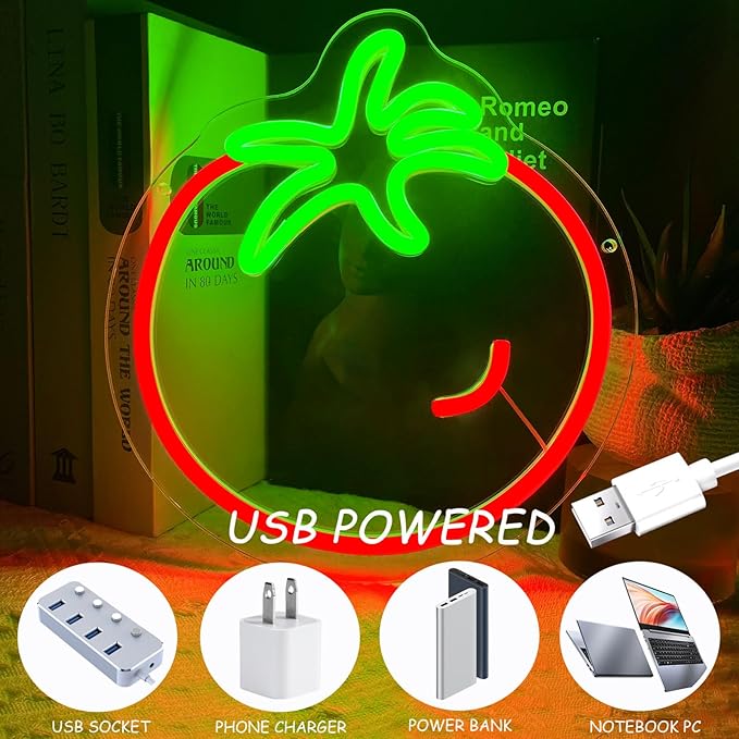 Tomato Neon Sign for Wall Decor,Cute Fruit LED Neon Light 9.4 * 10.2 inch Dimmable USB Kawaii Small Tomato Light Up Sign for Boys Girls Room Restaurant Birthday Party barn