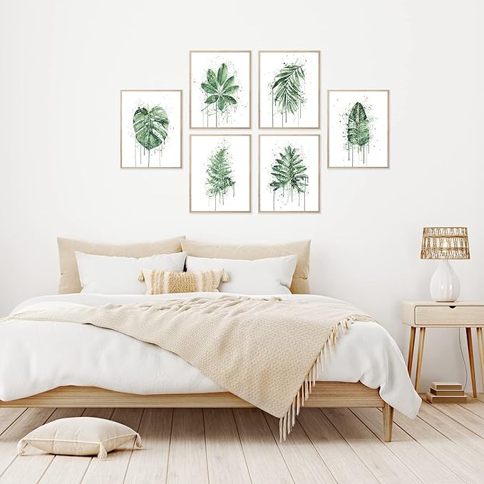 HoozGee Sage Green Leaf Poster Watercolour Splash Botanical Plant Wall Art Print Boho Plant Wall Decor Canvas Leaves Prints for Kitchen Bedroom Livingroom Office Wall Decor (11"x14" UNFRAMED)