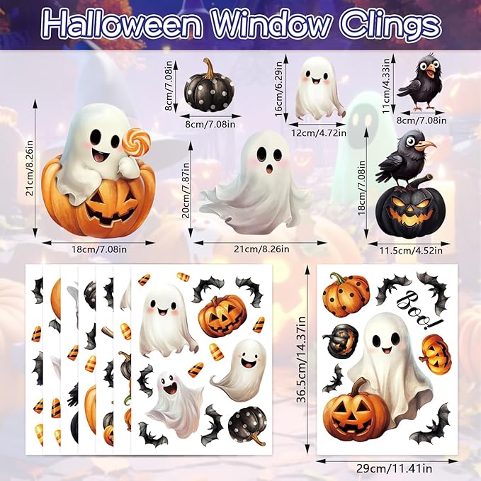 8 Sheet Halloween Window Clings, Ghost Pumpkin Bat Reusable Window Stickers Double Decals for Glass Window Halloween Decoration
