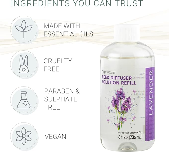 SpaRoom Reed Diffuser Oil Refill – Lavender Scent, 8oz Bottle for Home Fragrance, Calming and Relaxing Blend for Bedroom, Bathroom, or Office, Long Lasting Air Freshener, Aromatherapy Use