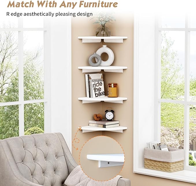Forbena White Corner Floating Shelves for Wall Set of 4, Rounded Corner Shelves Wall Mounted for Kids Bedroom Books, Cute Wood Hanging Corner Shelf for Bathroom Decor, Living Room, Small Spaces