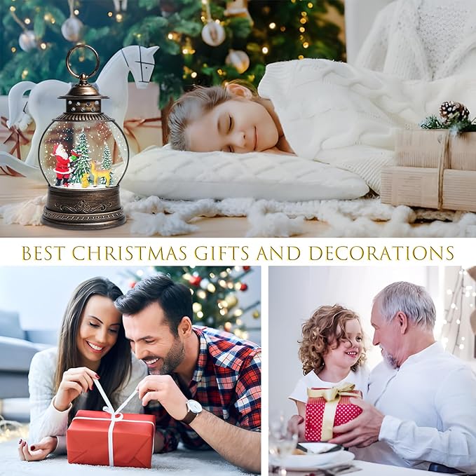 Christmas Snow Globes, 9.45" Santa Claus Glitter Water Lantern with 8 Songs, 6H Timer Battery & USB Powered Music Box for Christmas Decorations Indoor