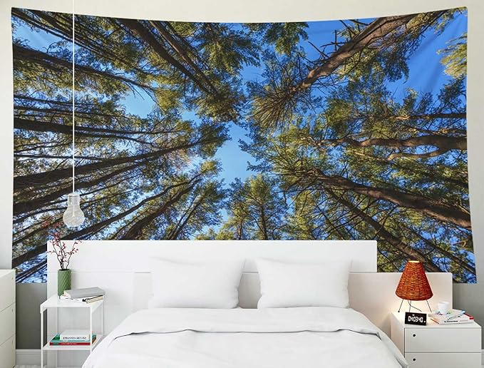 EMMTEEY Forest Tapestry Spring Green Straight Pine Trees Forest Wall Tapestry Nature 80X60 Big Tapestry Christmas Photography Backdrops Large Wall Decor
