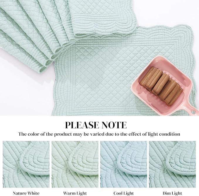 HOMBYS Quilted Placemats Set of 6 Washable-13x18 inches Rectangular Placemats for Kitchen Table-100% Cotton Fabric Rectangular Table Mats, (Light Blue)