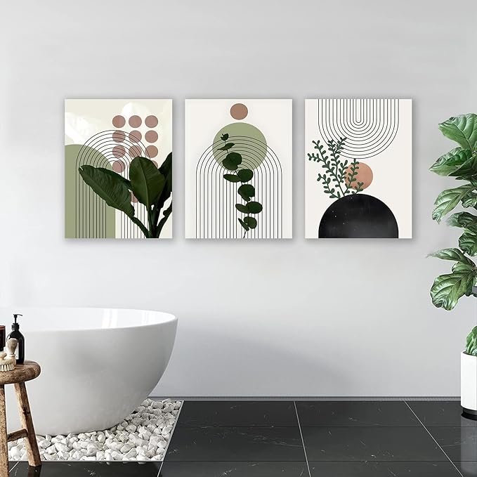 Sage Green Boho Wall Art, KBKBART Abstract Framed Canvas Wall Art Palm Leaf Sun Moon Line Beige Green Wall Decor, Minimalist Geometric Boho Room Decor, Sage Green Wall Posters & Prints for Living