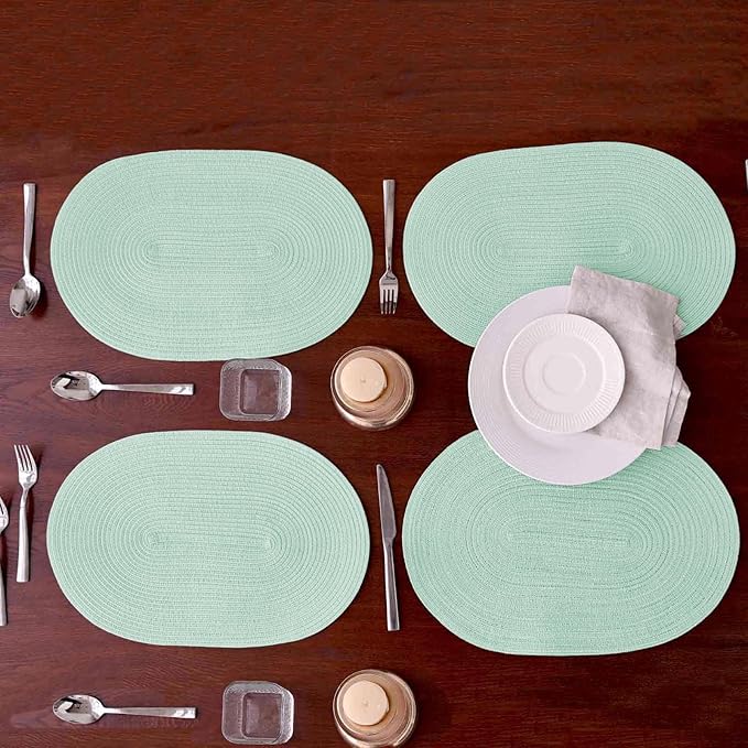 Noctiflorous Oval Braided Placemats Set of 6 Woven 12x18 Inch Non Slip Washable Heat Resistant Place Mats Round Tablemats for Dining Kitchen Party Daily Table Decor Dinner Mats (14 Mint Green, 6)