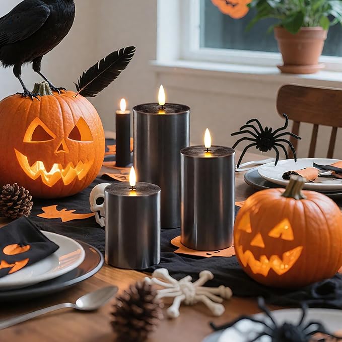 Homemory Halloween Black Flameless Candles Battery Operated with Remote Timer, Real Wax LED Pillar Candle for Halloween Decoration Indoor and Home Decor Gifts, H456, Set of 3