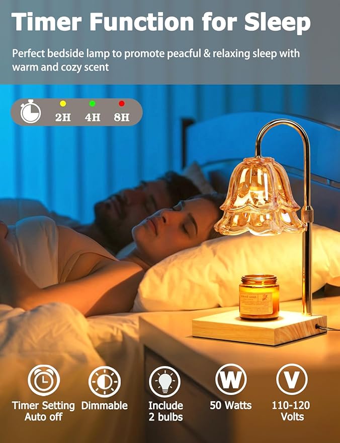 Candle Warmer Lamp with Timer Dimmer, Adjustable Flower Lamp Warmer for Large Jar Candle, Electric Wax Melt Light with 2 Bulbs, Birthday Housewarming Gifts for Men Women, Home Bedroom Decor
