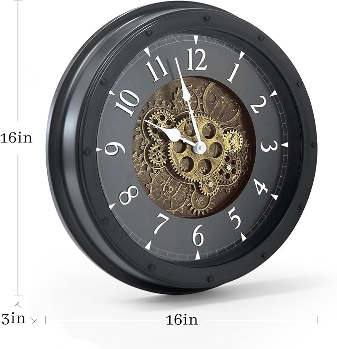 Wall Clock with Moving Gears, Vintage Industrial 16-Inch Silent Non-Ticking Steampunk Timepiece, Retro Frame Analog Battery Operated Rustic Mechanical Decor for Living Room, Home, Office, Loft (Black)