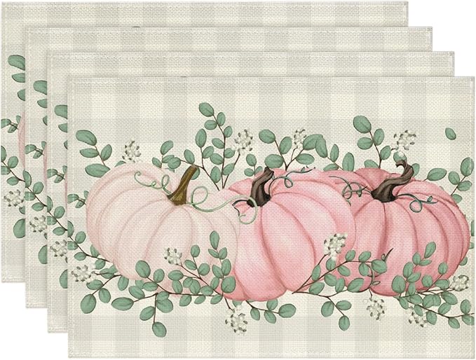 Artoid Mode Buffalo Plaid Pink Pumpkins Eucalyptus Fall Placemats Set of 4, 12x18 Inch Autumn Thanksgiving Table Mats for Party Kitchen Dining Decoration