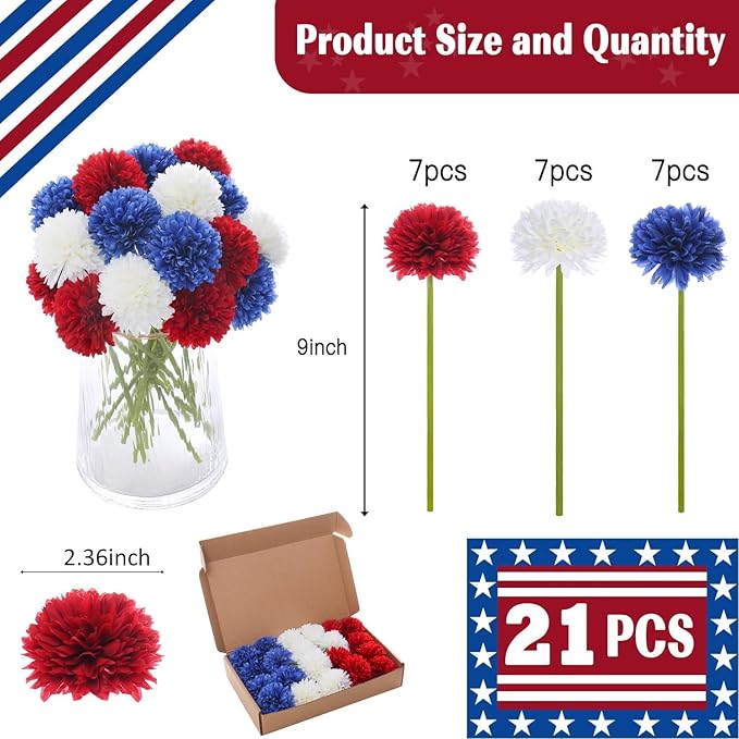 Kimura's Cabin 21Pcs Faux Chrysanthemum Flowers 4th of July Patriotic Flower Decor Artificial Mums Memorial Day Fake Ball Flower Home Event Table Centerpieces DIY Decoratio (Red White Blue