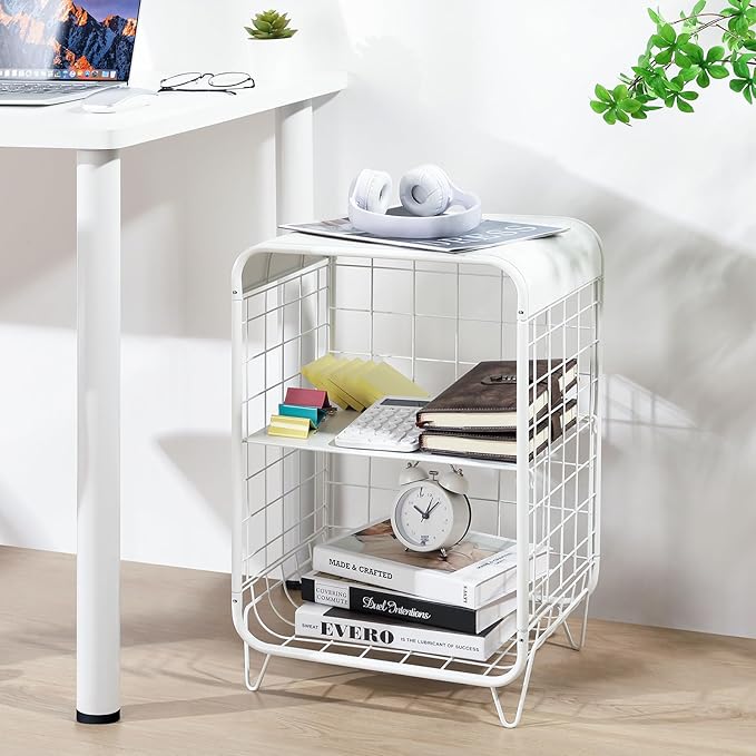 APEXCHASER Cute Nightstand,Metal Side Table,3 Tier End Table with Storage,Vintage Bedside Table,Girls Bedroom Furniture,Coffee Table for Living Room,Bedroom,Dorm,White
