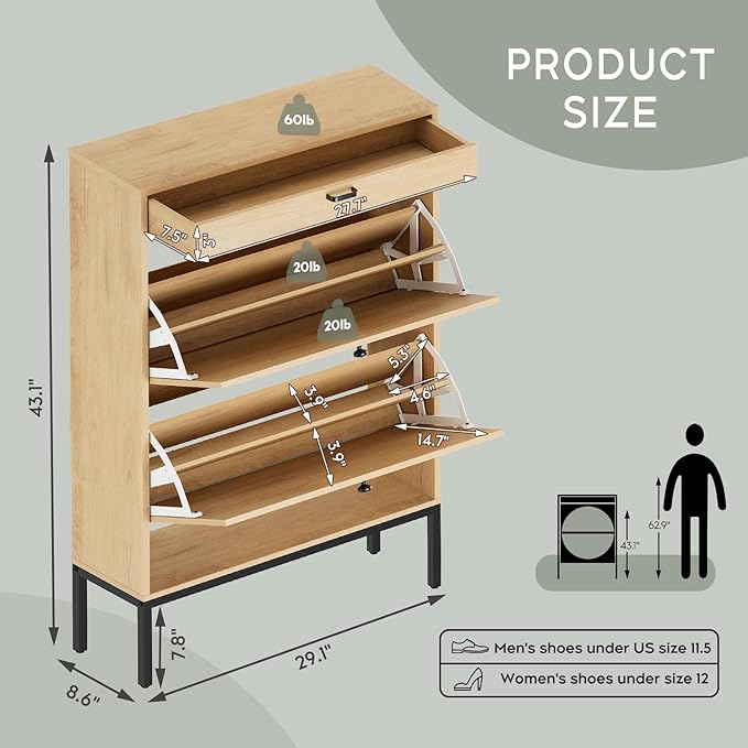 Yechen Shoe Rack Storage Organizer with 2 Natural Semi-Circular Rattan Doors, Large Entryway Wooden Shoe Cabinet for Sneakers, Leather Shoes, Slippers (1 Piece, Light Beige)