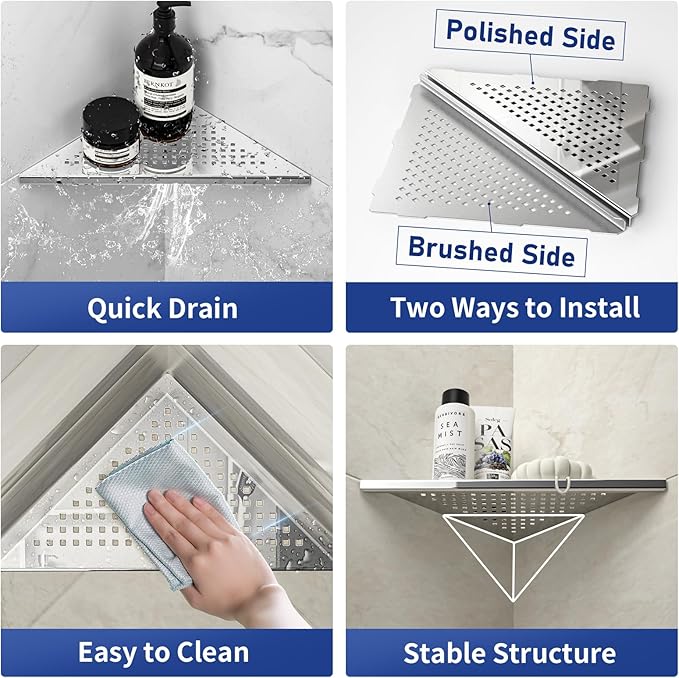 Corner Shower Shelf, 10" Polished 304 Stainless Steel Recessed Shelves for Bathroom, Grout in Shelf Racks for Tiled Wall, 2 Pack, No Drilling Needed