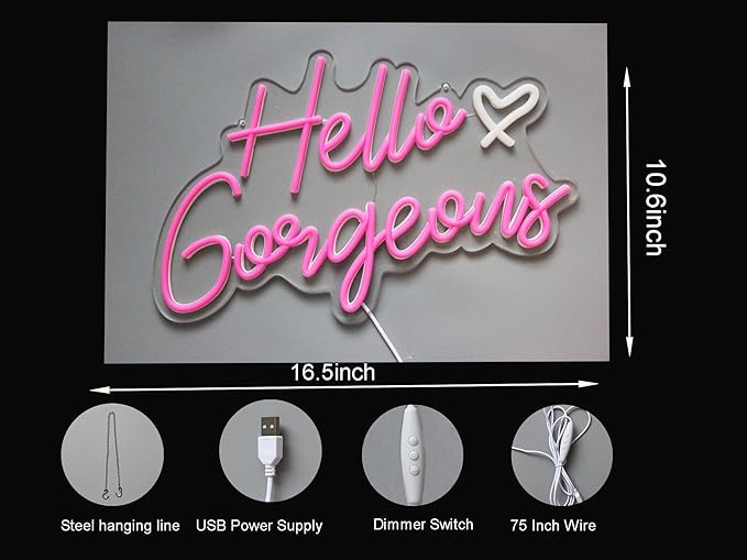 Hello Gorgeous Neon Sign Hello Beautiful Pink LED Neon Lights for Home Wedding Birthday Backdrop Bacelorette Party Wth Dimmable Switch(5V,16.5X10.6inches)
