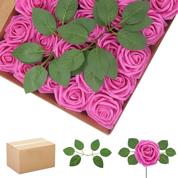 200Pcs Hot Pink Artificial Flowers Roses Real Looking Foam Fake Roses with Leaves and for DIY Wedding Bouquets Bridal Shower Centerpieces Party Decorations (Hot Pink, 200)