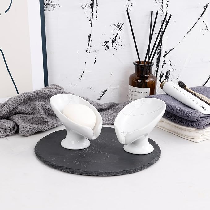 Soap Dish Set, Self Draining Bar Soap Holder for Bathroom Sink, Leaf Shaped Drainage Soap Dish Ceramic Marble Porcelain Decorative Soap Dishes 2PCS, No Suction Cup, ANTIS'S HOME
