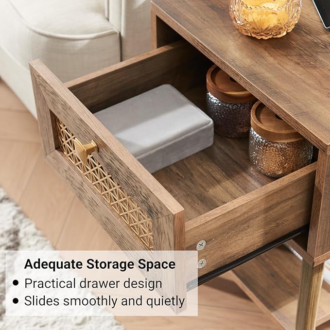 Mid Century Modern End Table for Living Room, Rustic Oak Small Side Tables with Charging Station, Outlets and USB Ports, Wood Nightstand with Storage Drawer and Open Shelf