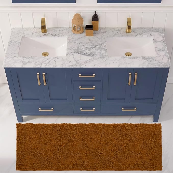 LuxUrux 2-Piece Bathroom Rug Set – Plush Chenille Runner & U-Shaped Toilet Mat, Soft, Absorbent & Non-Slip Design (20x20 U & 27x47 inches, Pumpkin)