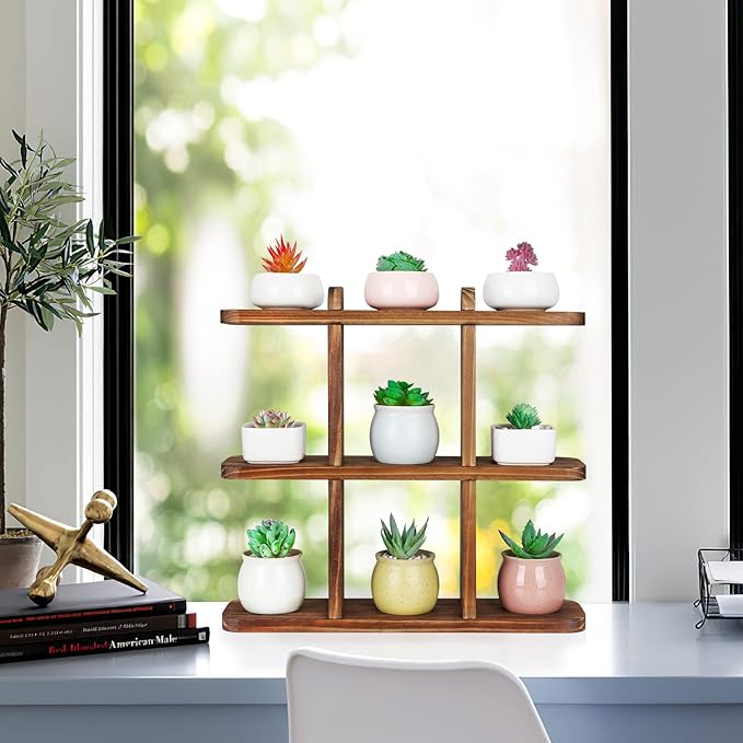 Ufine Wood Succulents Plant Stand Windowsill Plant Display Shelf Small Wooden Plant Stand for Desktop Carbonized Color