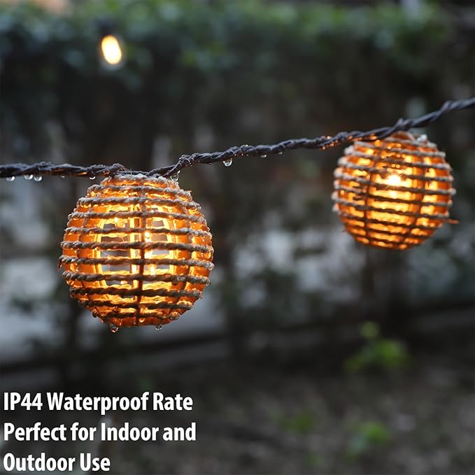 Decorative Outdoor Patio String Lights, Seagrass Rattan Wire Ball Style Lantern String Lights, Connectable Weatherproof Indoor Outdoor Globe Boho String Light for Home Pergola Garden Party Backyard