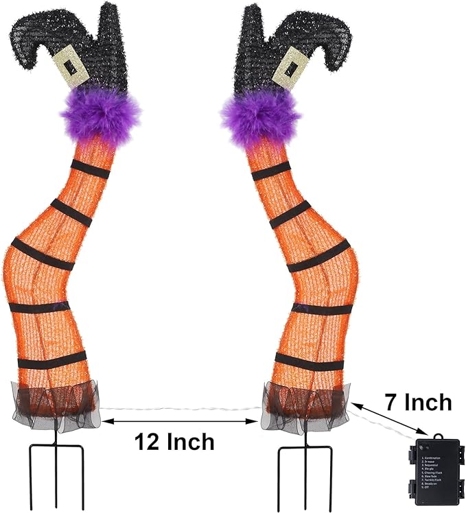 Juegoal Set of 2 Halloween Lighted Wicked Orange Witch Legs with Stakes, 22" Light Up Tinsel Halloween Yard Sign Prop Timer & 8 Modes, Battery Operated for Outdoor Party Haunted House Garden Decor