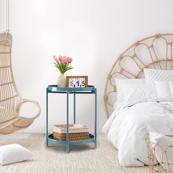 TeoKJ 2 Tier Round Side Table, Folding Round Metal End Table Small Nightstand with Two Removable Tray for Bedroom Living Room Bedside Small Spaces Blue Gray
