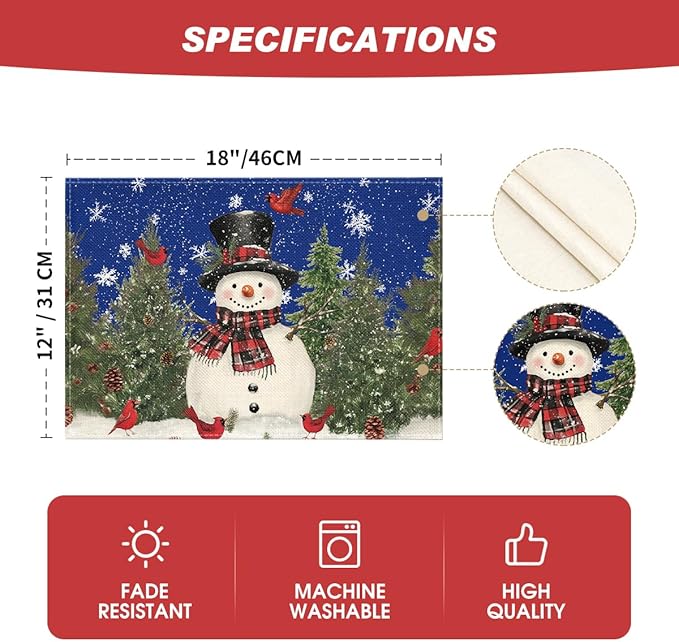 Artoid Mode Blue Snowman Trees Bird Christmas Placemats Set of 6, 12x18 Inch Seasonal Winter Table Mats for Party Kitchen Dining Decoration