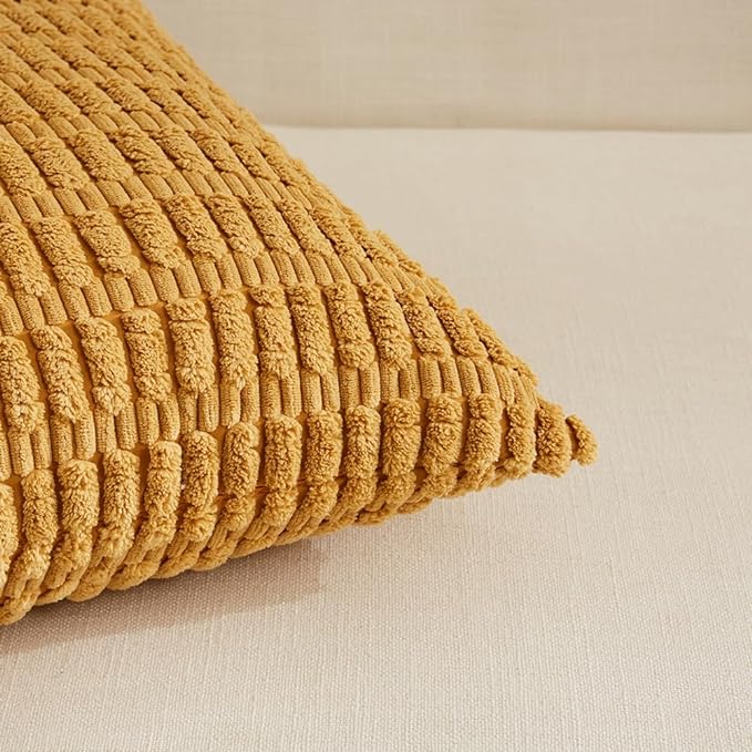 Fancy Homi 4 Packs Mustard Yellow Decorative Throw Pillow Covers 20x20 Inch for Living Room Couch Bed Sofa, Rustic Farmhouse Boho Home Decor, Soft Plush Striped Corduroy Square Cushion Case 50x50 cm