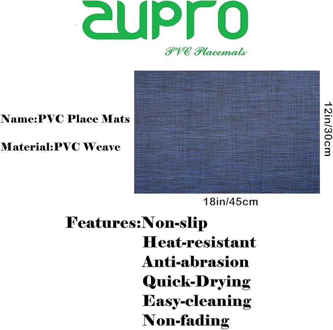 Zupro Placemats Set of 4 Washable Heat-Resistant Non Slip Braided Table Mats Woven PVC Vinyl Kitchen Dining Patio Table Place Mats for Dinner Parties BBQs Indoor and Ourdoor Use.18"x12"(Navy Blue)