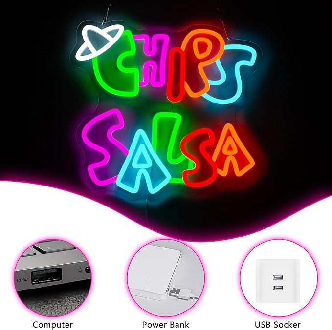 Chips and Salsa Neon Sign, Mexico Food Neon Signs For Wall Decor, Led Light Up Signs for Resturant Snacks Shop Home Party Decorations Gifts