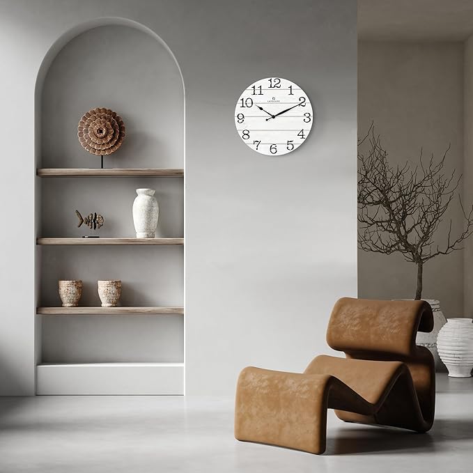 Lafocuse 12 Inch Silent White Wall Clocks for Kitchen Living Room Decor, Wooden Rustic Wall Clock Battery Operated, Decorative Farmhouse Clock