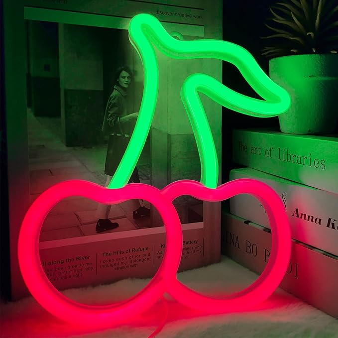 Cherry Neon Sign, Red Green Cherries Neon Lights, Cherry Neon Signs for Wall Decor, Cute Fruits LED Signs for Kids Room,Restaurant,Bar,Fruit Shop,Home Green+Red