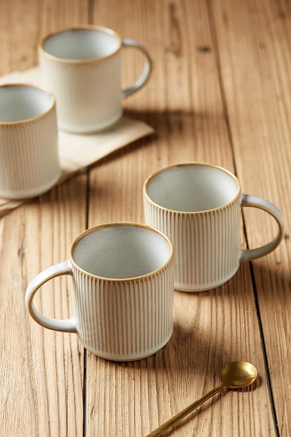 famiware Coffee Mug Set for 4, Star 12 oz Catering Mugs Cup Set with Handle for Coffee, Tea, Cocoa, Milk - Ceramic Stoneware Drinkware Set, Cappuccino White