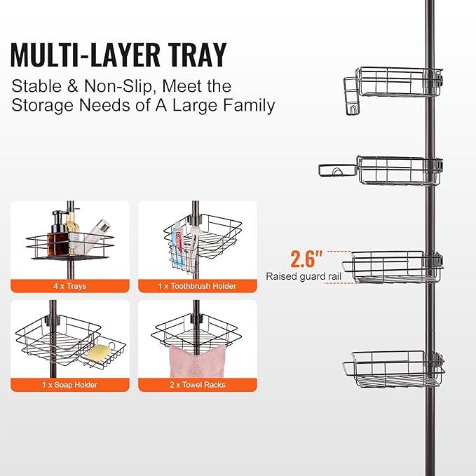 VEVOR Shower Corner Caddy Tension Pole, 42" to 114" High, Multi-Functional Shower Tension Pole with Strong Load-Bearing Tray, Rust-Proof Easy-to-Install, Fit for Bathroom & Washroom