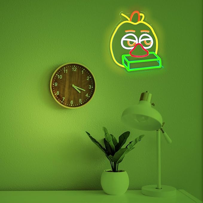 Playful Chicken Neon Signs for Wall Decor, Anime LED Light for Bedroom, Kids' Room, Birthday Decorations, USB Powered, Yellow, Green, Orange Color, 11.2"x9.4"