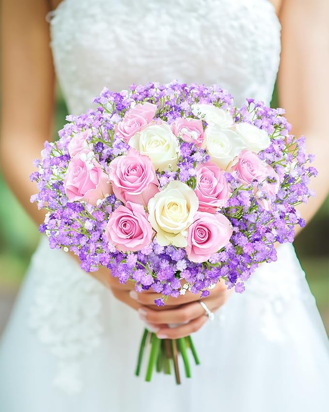 48Pcs Babys Breath Artificial Flowers, Fake Baby Breath Flowers Artificial Bulk Faux Gypsophila Real Touch Flowers for Wedding DIY Bouquet Floral Arrangement Party Home Garden Decor, Purple