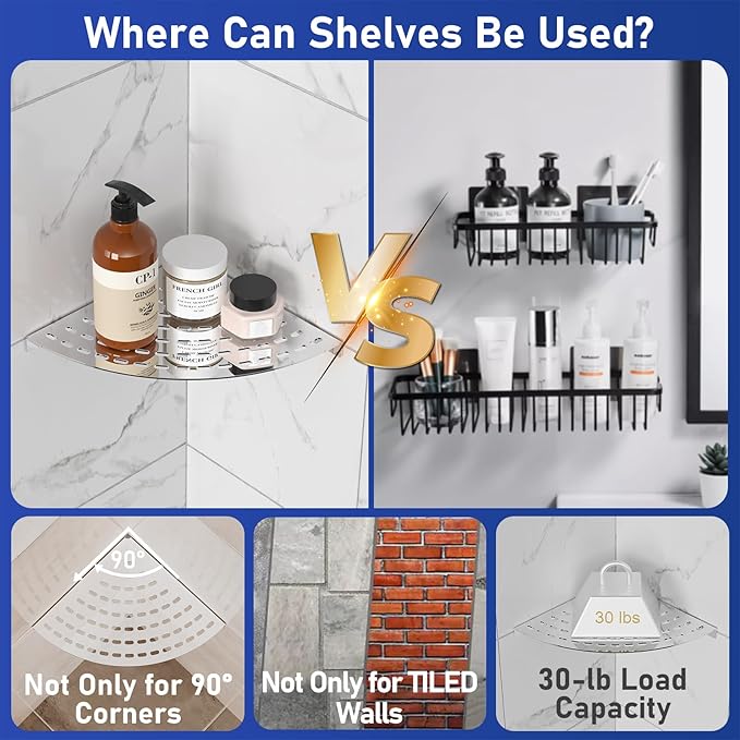 Corner Shower Shelves 304 Stainless Steel Polished Chrome Shower Corner Shelf 8in Corner Shower Shelf Drilling Installation Strong Load-Bearing Capacity