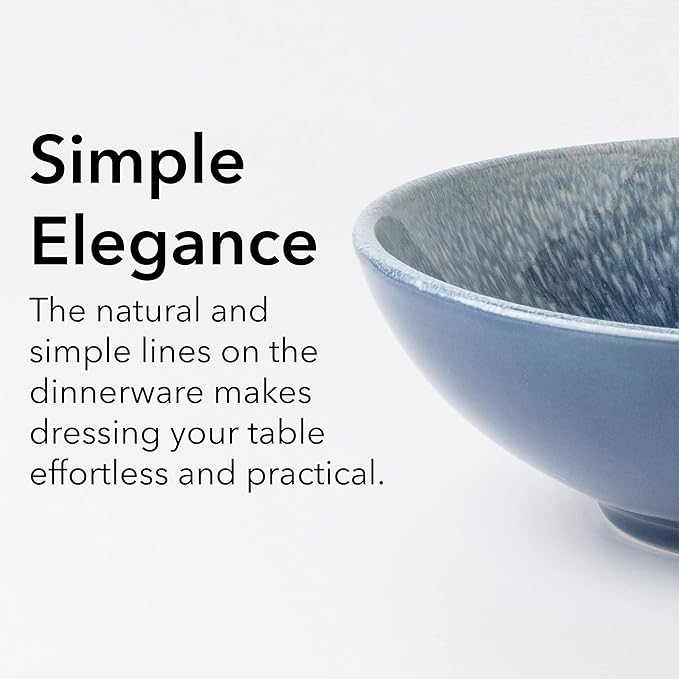 FAIT Round Stoneware 16pc Double Bowl Dinnerware Set for 4, Dinner Plates, Side Plates, Cereal Bowls, Pasta Bowls - Reactive Glaze Blue (449322)