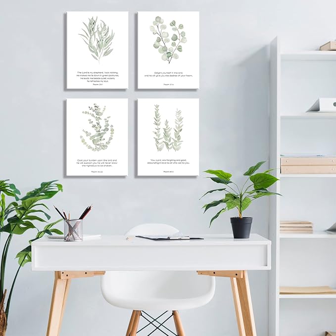 FRAMED Inspirational Scripture Canvas Wall Art,Motivational Christian Wall Art,Bible Verses Wall Decor,Bible Verse Art Prints,Light Green Botanical Painting Picture,Set of 4,8”x 10”