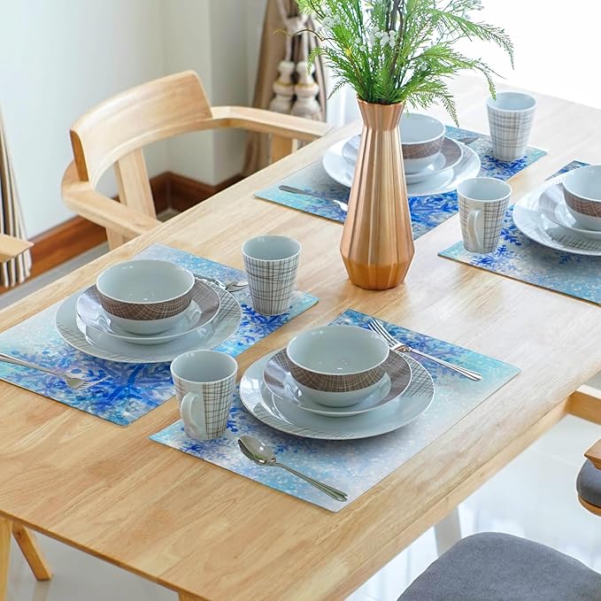 Giwawa Christmas Snowflake Placemats, White Blue Falling Crystal Nature Ice Table Mat, Winter Snow Place Mats Set of 4 for Kitchen Dining Decor, 12"x18", Heat Resistant Non-Slip