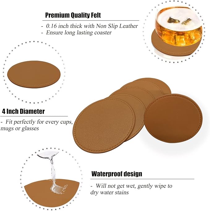 Coasters Set of 6 Soft Leather Drink Coaster Round Coaster with Sewing Around, Suitable for Various Cups, Wooden Tables,Home Decoration,4 Inches(Brown)