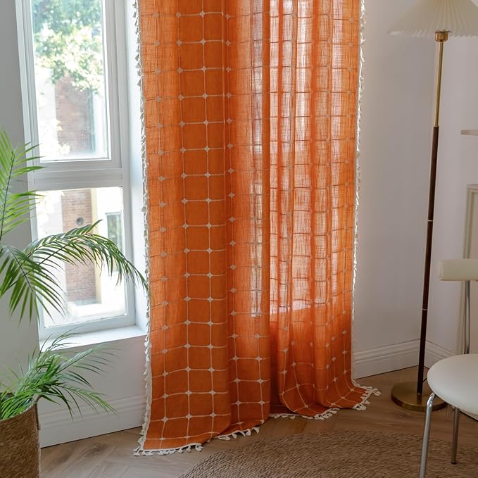 Sutuo Home Boho Curtains Plaids for Bedroom, Semi Blackout Linen Farmhouse Tassels Window Treatment Bohemian Embroidery Drape for Fall Halloween Decor, Rod Pocket 1 Panel 52" W x 84" L, Burnt Orange
